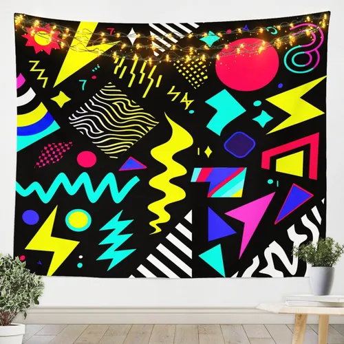 Vista 19 de Tapiz retro de los años 80 y 90, tamaño pequeño de 51 x 59, tapices geométricos abstractos urbanos modernos y colgantes de pared triangulares, arte