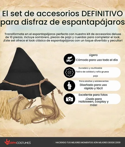 Vista 2 de Nicky Bigs Novelties Sombrero de fieltro de mago, sombrero de hechicero de bruja, disfraz de espantapájaros, accesorio para Halloween Negro