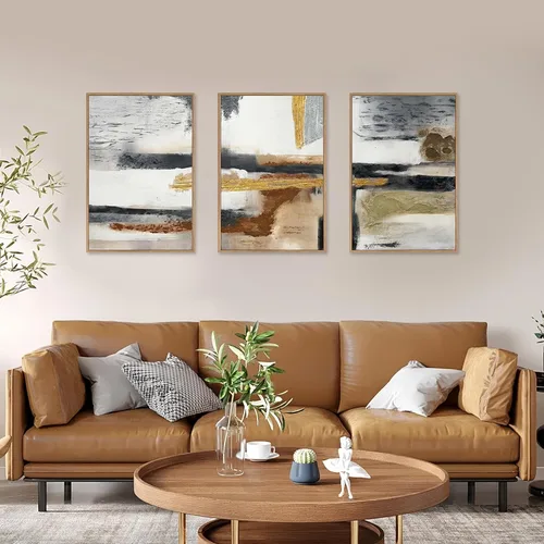 Vista 22 de Celestdeco Juego de arte de pared en lienzo abstracto y neutro grande con marco naranja, moderno y minimalista para pared, diseño geométrico bohemio