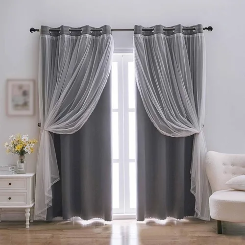 Vista 13 de indistar Cortinas Oscuras para el Hogar de Doble Capa con Capa Sólida y Transparente, Par de Paneles de Cortina con Ojales en la Parte Superior, 52