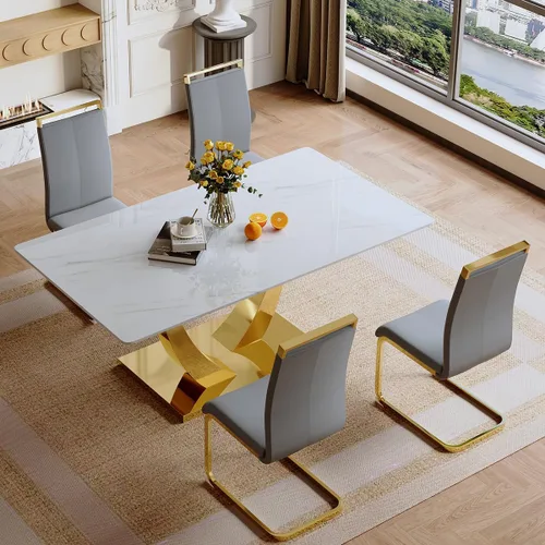 Vista 42 de Juego de mesa de comedor para 4, mesa de comedor de mármol sintético de 63 pulgadas con patas y base de acero inoxidable, sillas acolchadas