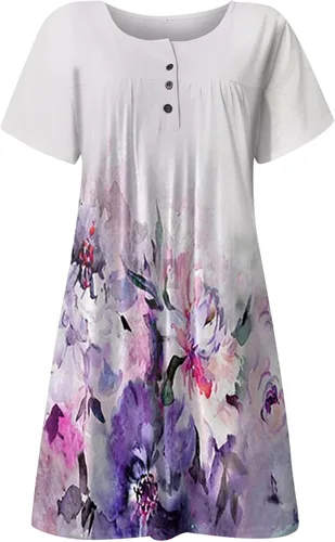 Vista 3 de Fragarn Vestidos sexys de talla grande, para mujer, casual, cuello redondo, botones, fruncido, estampado, cintura alta, vestido suelto
