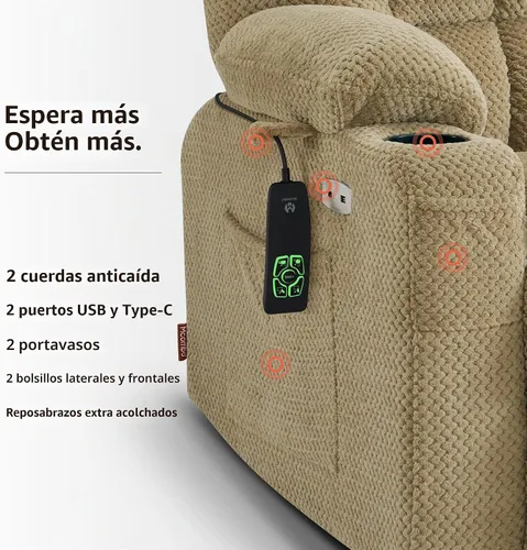 Vista 7 de MCombo Silla reclinable eléctrica de motor dual con masaje y calor para personas mayores, posición infinita, puertos USB, portavasos, tela 7890 Beige