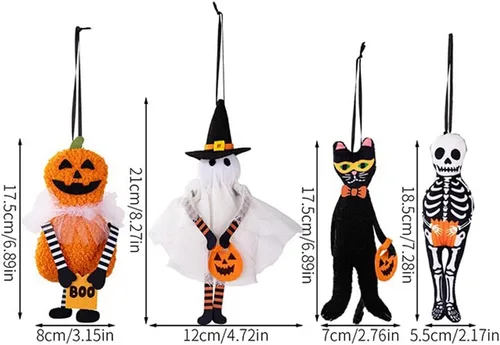 Vista 3 de Juego de 4 adornos para árbol de Halloween, gato negro, calabaza, esqueleto, fantasma, decoraciones colgantes para fiestas de vacaciones, decoración