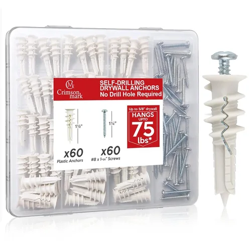 Vista 13 de CrimsonMark Juego de 20 anclajes y tornillos autoperforantes para paneles de yeso #8 x 1-1/4 pulgadas, soporta hasta 75 libras, no requiere agujeros