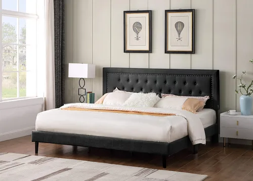 Vista 7 de Base de cama de plataforma tapizada tamaño matrimonial con cabecero ajustable de 48 pulgadas de alto, cama de terciopelo de lino con botones