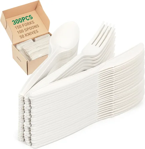 Vista 12 de Tenedor 100% compostable, 7 pulgadas, 150 tenedores desechables de almidón de maíz, cubiertos resistentes con certificación BPI, utensilios
