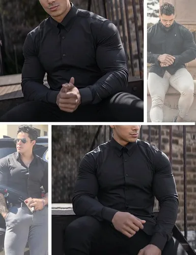 Vista 4 de ACHUSE Camisas de vestir para hombre, de manga larga, elásticas, ajustadas, sin arrugas, casuales, con botones