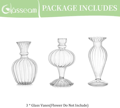 Vista 9 de Jarrones pequeños de cristal Glasseam: 3 piezas de jarrón transparente acanalado para flores individuales Hecho a mano, moderno, bonitos centros