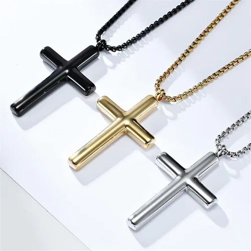 Vista 6 de Collar de cruz para hombre, colgante de cruz de acero inoxidable plateado y negro dorado para niños, regalos de fe para mujeres, cadena de caja