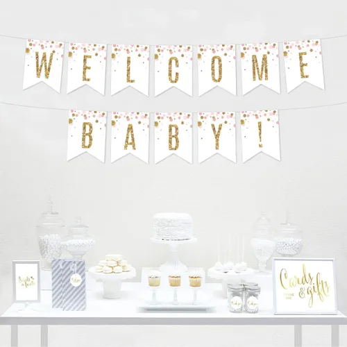 Vista 2 de Andaz Press Colección de fiesta de baby shower de niña con purpurina de oro rosa rubor, pancarta colgante con cuerda, Welcome Baby!, 5 pies, 1 juego