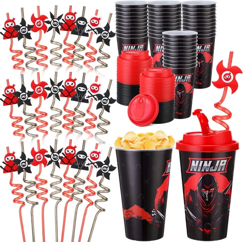 Vista 28 de Yungyan 16 juegos de tazas de golosinas con tapas y pajitas para decoraciones de cumpleaños, reutilizables, 16 onzas, vasos de plástico para dulces