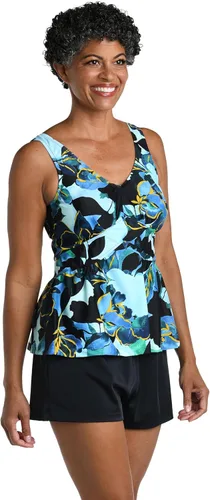 Vista 3 de Maxine of Hollywood Women's Over The Shoulder Empire Tankini Swimsuit Top Negro/ Jardín iluminado por la luna