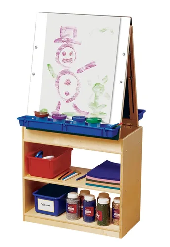 Vista 2 de Childcraft Centro de caballete artístico con paneles de borrado en seco, pizarras blancas con estantes de almacenamiento de madera, 2 personas
