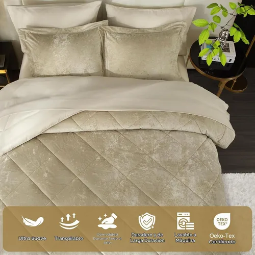 Vista 4 de Ivellow Queen Comforter Set 7 Pieces Bed in a Bag, Beige Velvet Comforter beige (7pcs-Beige)