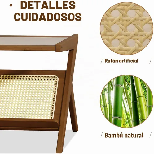 Vista 6 de Bamworld - Mesa de centro moderna de mediados de siglo con tapa de vidrio, mesa central de ratán con almacenamiento para sala de estar, color marrón