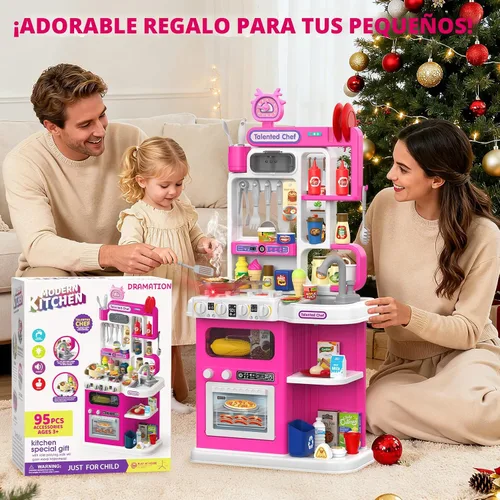 Vista 7 de Juego de cocina para niños, cocina de juego de 36.22 pulgadas para niños pequeños de 1 a 3 años con vapor, sonido y luz, estufa de cocina