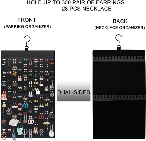 Vista 2 de Organizador de aretes colgantes, organizador de collares, organizador de joyas colgante de doble cara, soporte para aretes de pared, almacenamiento