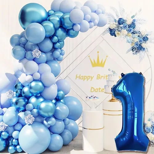 Vista 5 de Kit de arco de guirnalda de globos azules para cumpleaños de niño de Felice Arts con diferentes tamaños de globos metálicos macarrón azul pastel