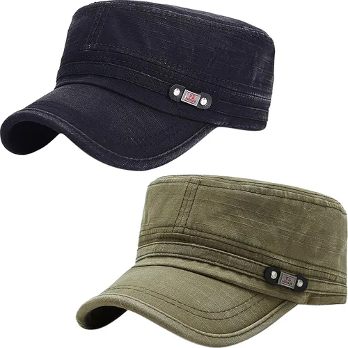 Vista 9 de Gorra militar unisex, estilo cadete, ajustable, de algodón lavado, con parte superior plana, gorra de béisbol