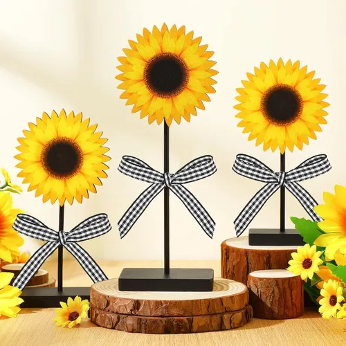 Vista 2 de Geetery 3 piezas de decoración de mesa de verano de madera de girasol, decoración de mesa independiente para el hogar, cocina, mesas rústicas