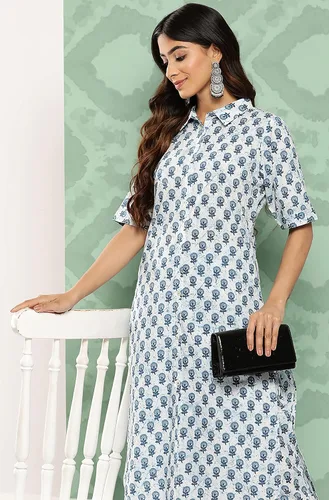 Vista 4 de Janasya Conjunto de pantalón Kurta de manga corta con cuello de camisa casual de verano con estampado floral de algodón blanco para mujer