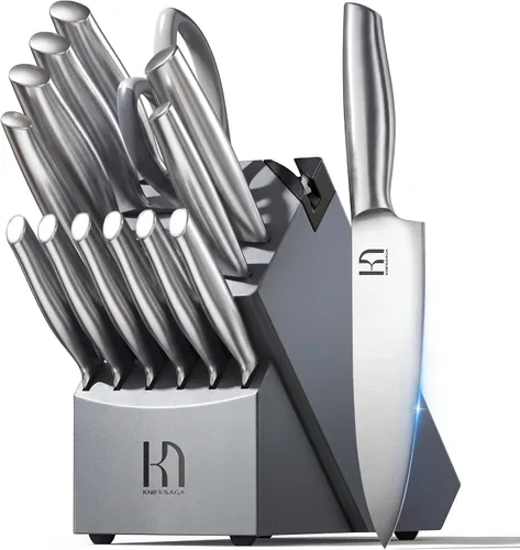 Vista 10 de Juego de cuchillos KnifeSaga Premium, juego de bloque de cuchillos de cocina 14 piezas de acero inoxidable de alto carbono japonés extremadamente