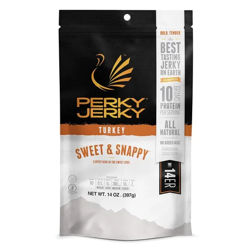 Vista 7 de Perky Jerky Jammin' Jamaican Turkey Jerky, 14oz – Bajo en sodio – 11g de proteína por porción – Bajo en grasa – 100% de origen estadounidense