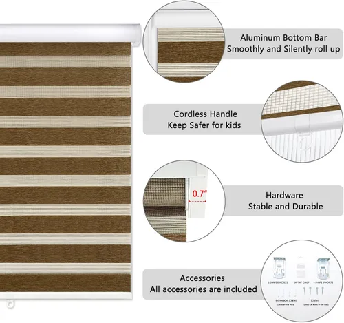 Vista 5 de AOSKY Zebra - Persianas sin cordones estilo cebra para ventanas, enrollables, de doble capa con control de luz, para día y noche, fáciles