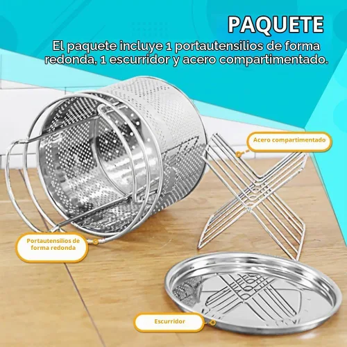 Vista 5 de Cesta de secado de cubiertos de acero inoxidable para escurridor de platos, soporte para utensilios de 4 compartimentos con tabla de drenaje