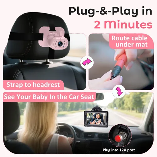 Vista 3 de AMTIFO Cámara de coche para bebés para niñas: Cámara de asiento trasero HD 1080P con visión nocturna IR - Instalación Plug & Play Monitor de 4.3