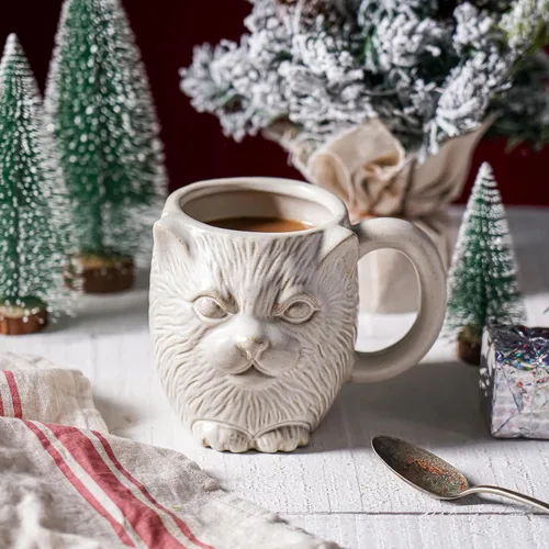 Vista 8 de Taza de café de cerámica de gato blanco de 20 onzas, taza de café grande de cerámica, taza con patrón de gato 3D novedoso para café, té, cacao