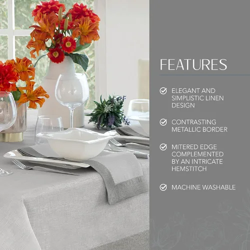 Vista 3 de Elrene Home Fashions Villeroy and Boch New Wave - Mantel de tela de lino con borde metálico, redondo, 90 pulgadas, blanco/plateado