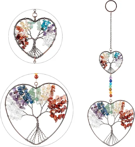 Vista 4 de rockcloud Adorno colgante de árbol de la vida de doble corazón, 7 piedras curativas de reiki de chakras, hecho a mano, para colgar en la pared