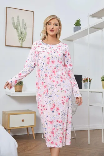 Vista 2 de IZZY + TOBY Camisones de algodón de manga larga para mujer, camisón de algodón suave para mujer, camisón largo para dormir