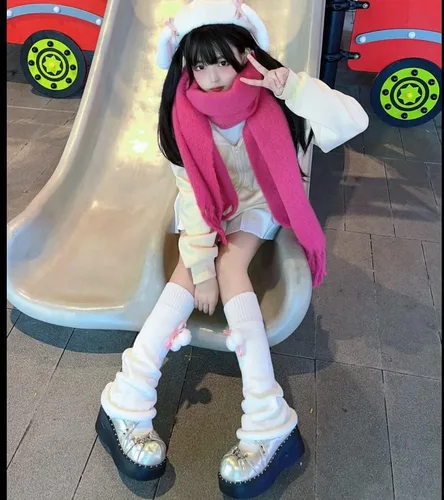 Vista 5 de Funipunk Calentadores de piernas de invierno Kawaii de punto lindo subcultura media manga pie pierna calcetines calientes mujeres JK unform y2k