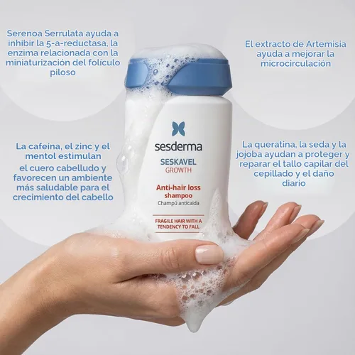 Vista 2 de Sesderma SESKAVEL Champú anticaída de 8.45 onzas líquidas Fórmula con factores de crecimiento Tratamiento capilar con extracto de sabal