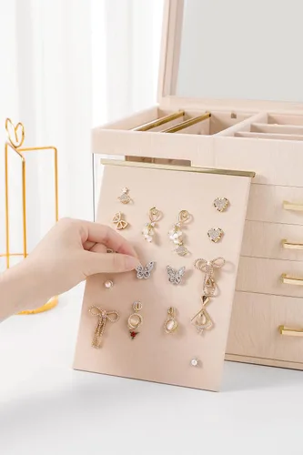 Vista 6 de GUKA Joyero organizador con espejo, caja de joyería de 5 capas con 4 cajones para collares, pulseras, reloj, anillos y aretes, almacenamiento grande