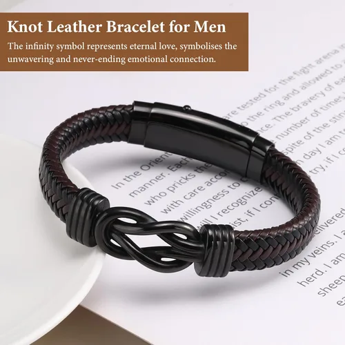 Vista 2 de MEALGUET Men's Bracelets Gifts for Men - Brown Braided Leather Infinity Knot Bracelets Engraved Love Massage for Son Man Husband Boyfriend, Mens