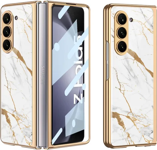 Vista 22 de Funda para Galaxy Z Fold 5, elegante marco galvanizado con vidrio estampado, protector de pantalla integrado compatible con Samsung Galaxy Z Fold 5