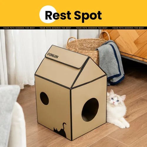 Vista 4 de Conlun Casa de cartón para gatos con almohadilla para rascar y hierba gatera, casa rascador para juegos de gatos para muebles de interior, rascador