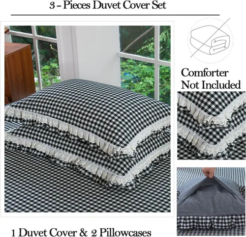 Vista 6 de FADFAY Twin 100% Washed Cotton Black & White Gingham Ruffle Duvet Cover Set Soft, Breathable, Crisp, Hidden Zipper Closure, 8 Corner Ties