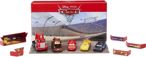 Vista 9 de Mattel Disney y Pixar Cars Vehículo de 5 paquetes con 4 autos de juguete de personajes y 1 camión de bomberos rojo inspirado en Radiator Springs