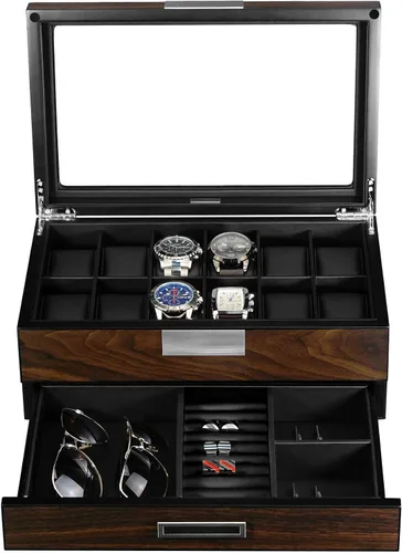 Vista 3 de Lifomenz Co Caja de reloj de madera para hombre organizador de joyas con cajón de valet 12 ranuras para reloj organizador de accesorios para hombre