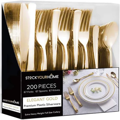 Vista 9 de Juego de cubiertos de plástico resistente (dorado) de 75 piezas, juego de cubiertos desechables, ideal para fiestas, bodas y catering, cubiertos