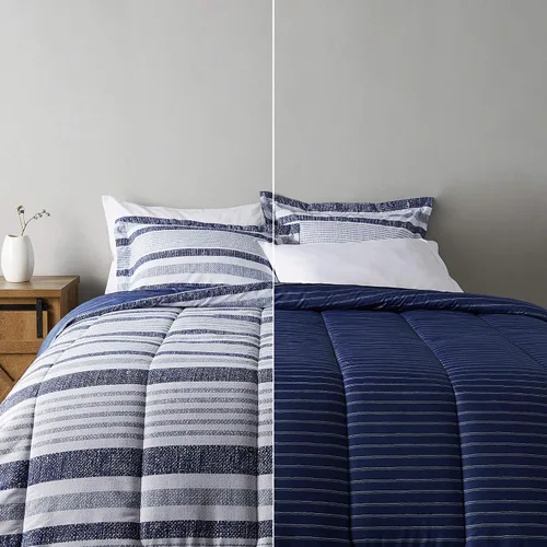Vista 10 de Amazon Basics - Juegos de edredón tamaño Twin/Twin XL, ropa de cama reversible de microfibra ultra suave y ligera de 2 piezas, azul denim/rayas