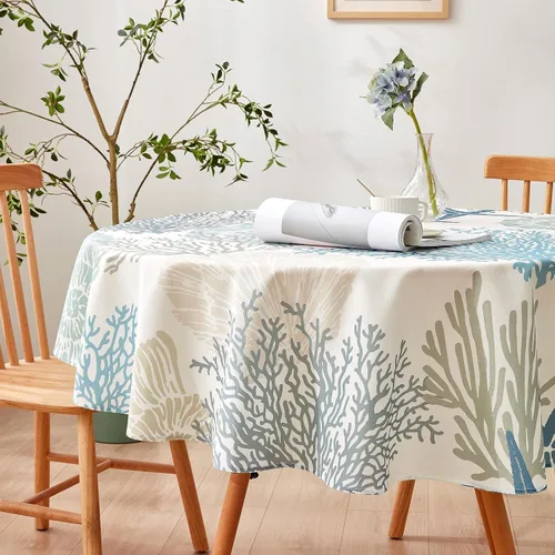 Vista 2 de Mantel redondo náutico costero de 60 pulgadas – Mantel con estampado de océano de playa, impermeable, resistente a las manchas, sin arrugas