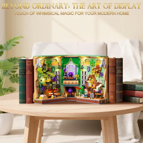 Vista 2 de OKKIDY Magic Potion - Juego de construcción de rincón de libro con luz, kit de bloques de construcción para decoración del hogar, 1033 piezas