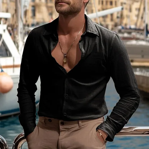 Vista 2 de Camisa de manga larga con botones para hombre, de verano, casual, de algodón, sin tapar, para playa, hippie, transpirable, de secado rápido