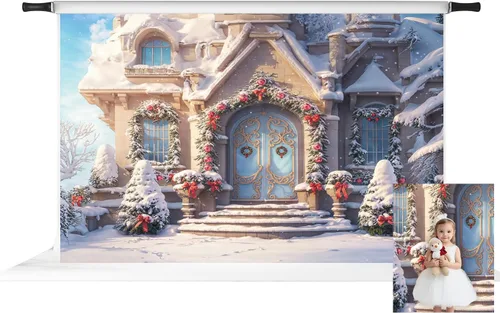 Vista 15 de Kate Telón de fondo de fotos de casa de campo de Navidad, fondo de puerta rosa, nieve blanca, árboles de Navidad, fondo de fotos, accesorios de 5